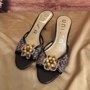 Unisa Floral Beaded Kitten Heel Slides Leopard Pattern Brown Boho Sandals 8.5M
